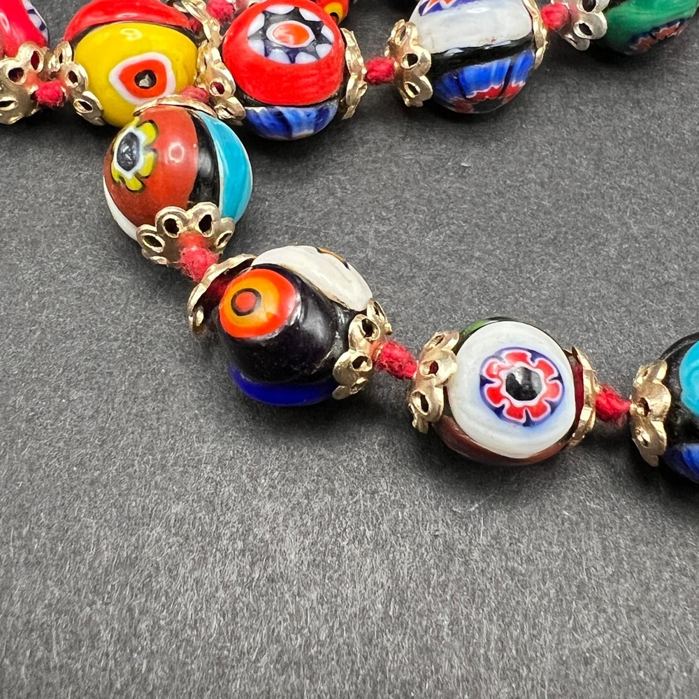 Vintage Venetian Millefiori Glass Beaded Necklace Hand Knotted 24" - Picture 4 of 10